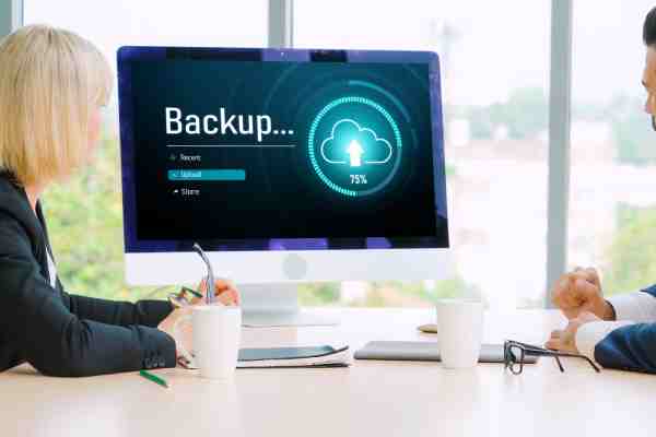 Business professionals discussing a cloud backup process on a computer screen. 