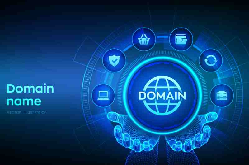 Hands holding a 'DOMAIN' icon with web service symbols, showing domain and hosting for US businesses.